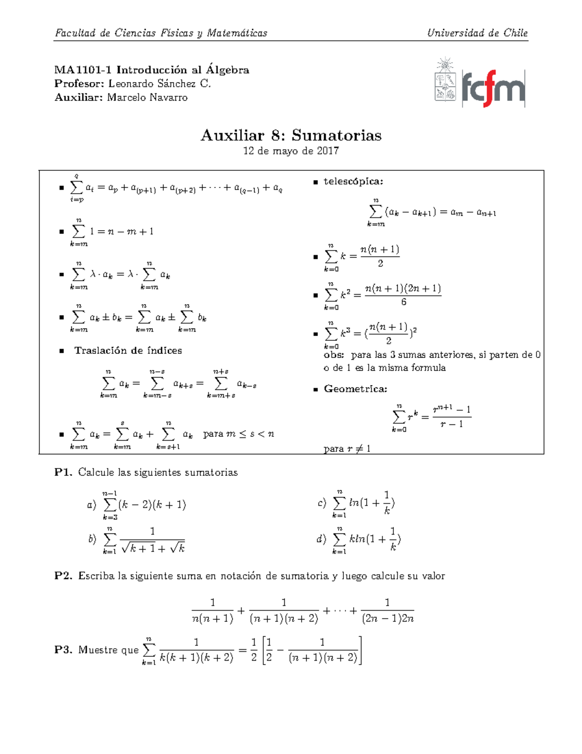 Auxiliar 8 Sumatorias Algebra Facultad De Ciencias F ́ısicas Y Matem ́aticas Universidad De 5694