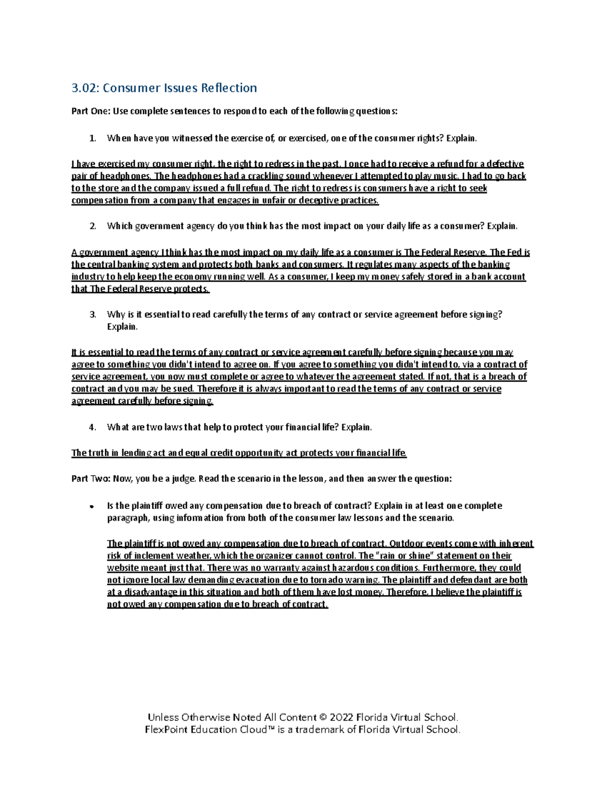 3.02 Law Studies - 3: Consumer Issues Reflection Part One: Use complete ...