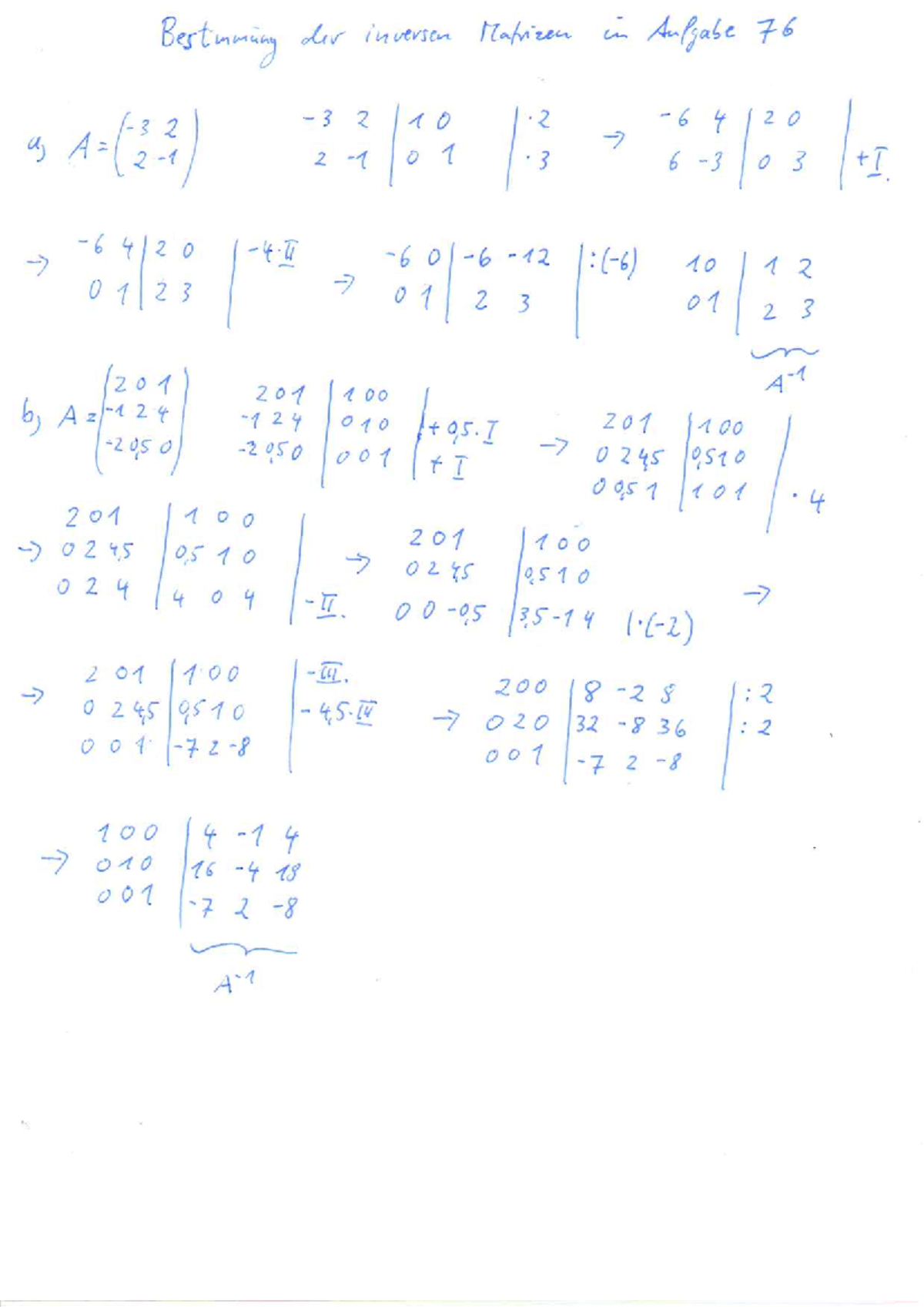 Aufgabe 76 inverse Matrizen ausführlich - Einführung Mathematik - Studocu