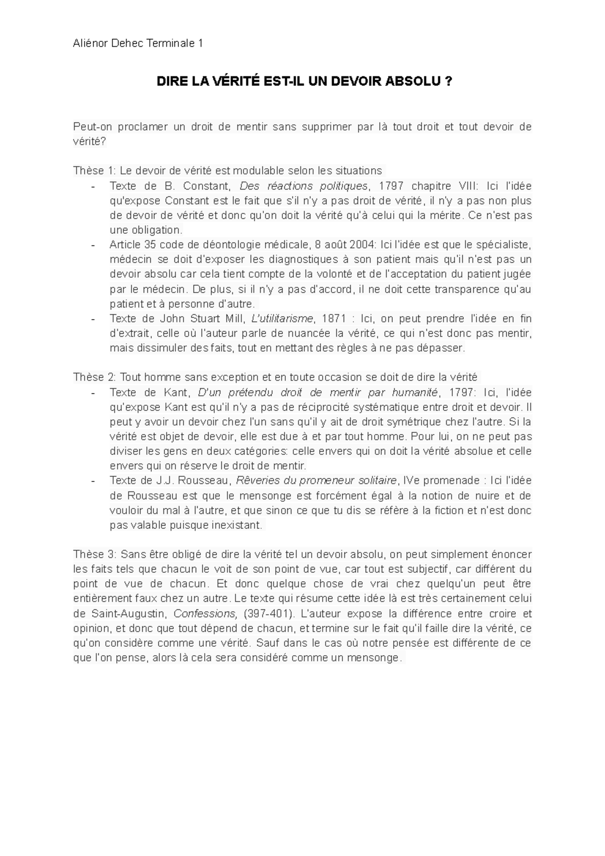 Dire la vérité estil un devoir absolu? Aliénor Dehec Terminale 1