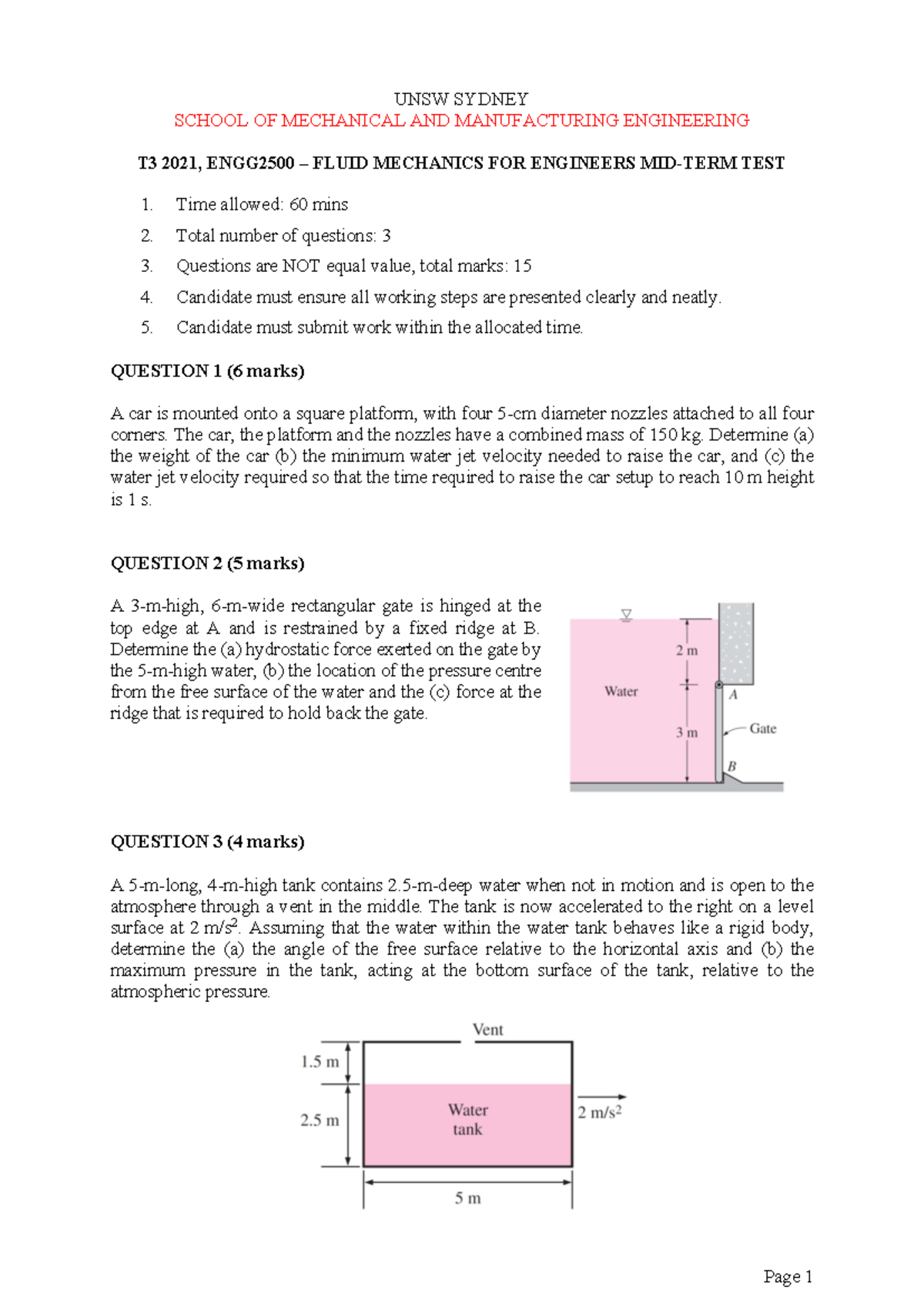 ENGG2500 2021 Mid Sol - Page 1 UNSW SYDNEY SCHOOL OF MECHANICAL AND ...