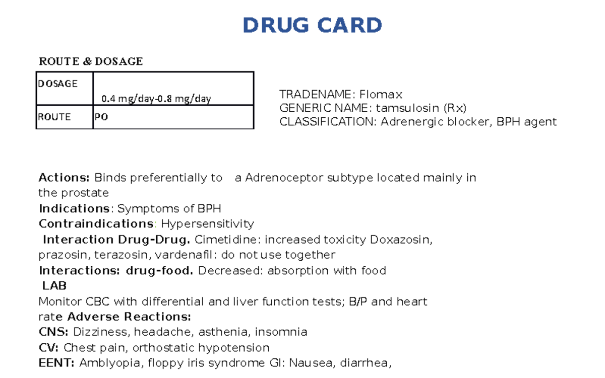 Tamsulosin (Rx) - DRUG CARDS - DRUG CARD ROUTE & DOSAGE TRADENAME ...