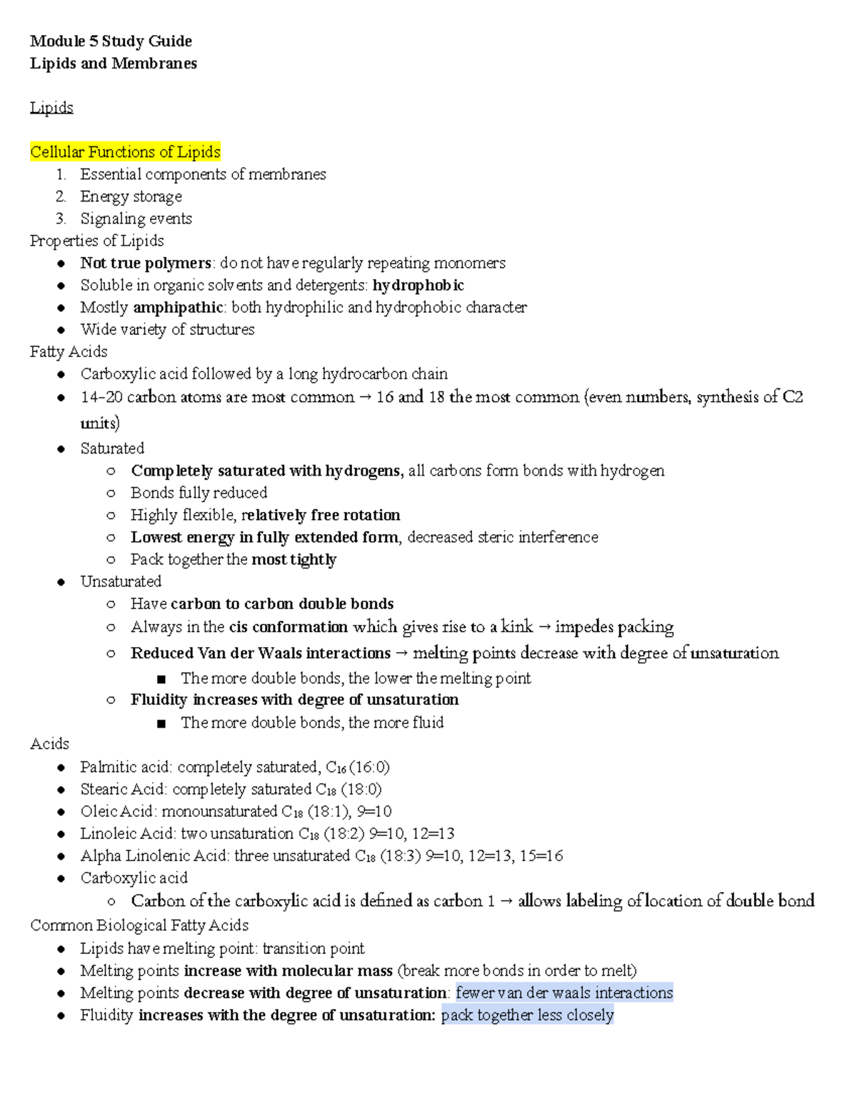 Module 5 Study Guide - Module 5 Study Guide Lipids and Membranes Lipids ...