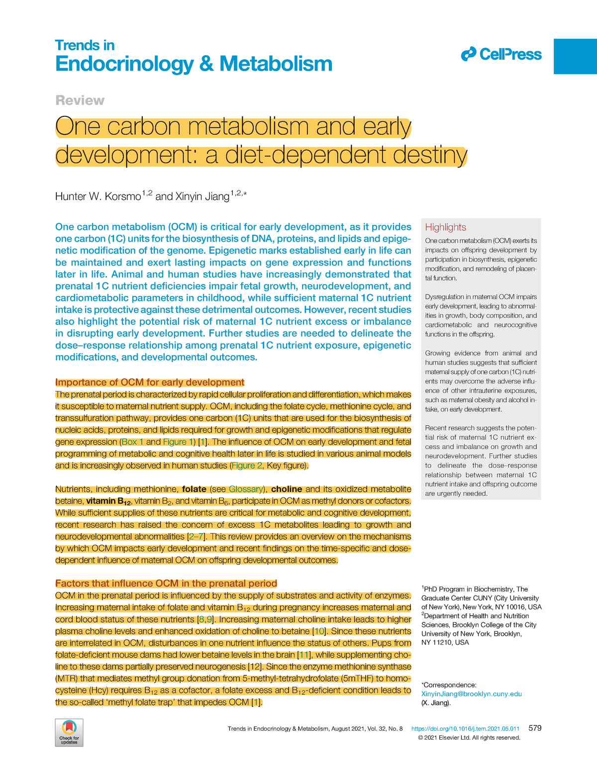 One carbon metabolism and early development: a diet-dependent destiny:  Trends in Endocrinology & Metabolism