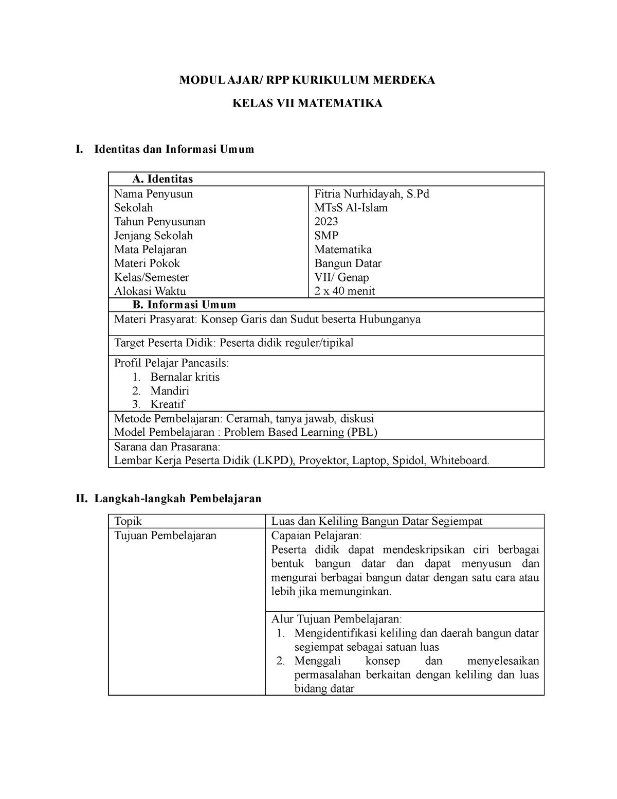 Modul Ajar Modul Ajar Rpp Kurikulum Merdeka Kelas Vii Matematika I