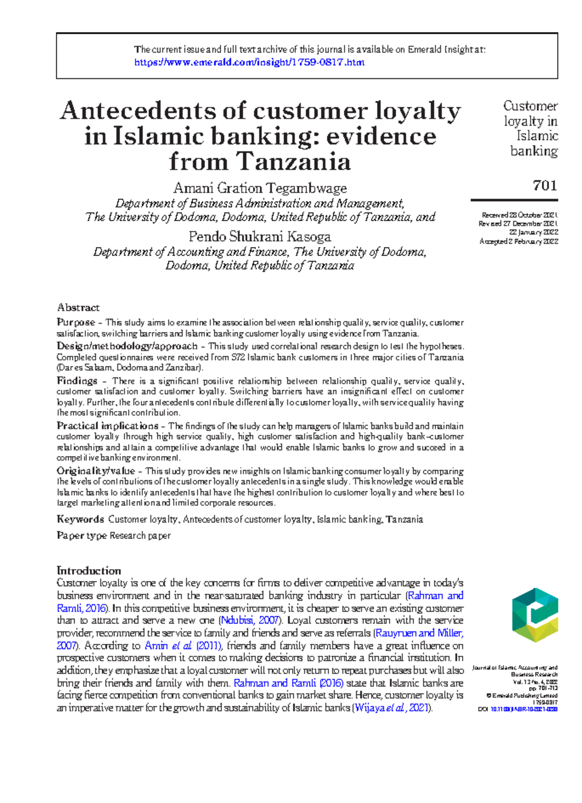 No 7 - journal - Antecedents of customer loyalty in Islamic banking ...