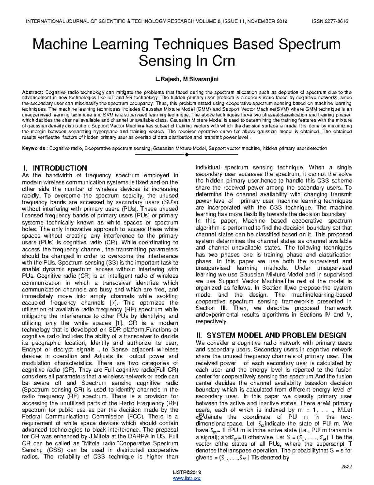 Machine Learning Techniques Based Spectrum Sensing In Crn - 2822 IJSTR ...