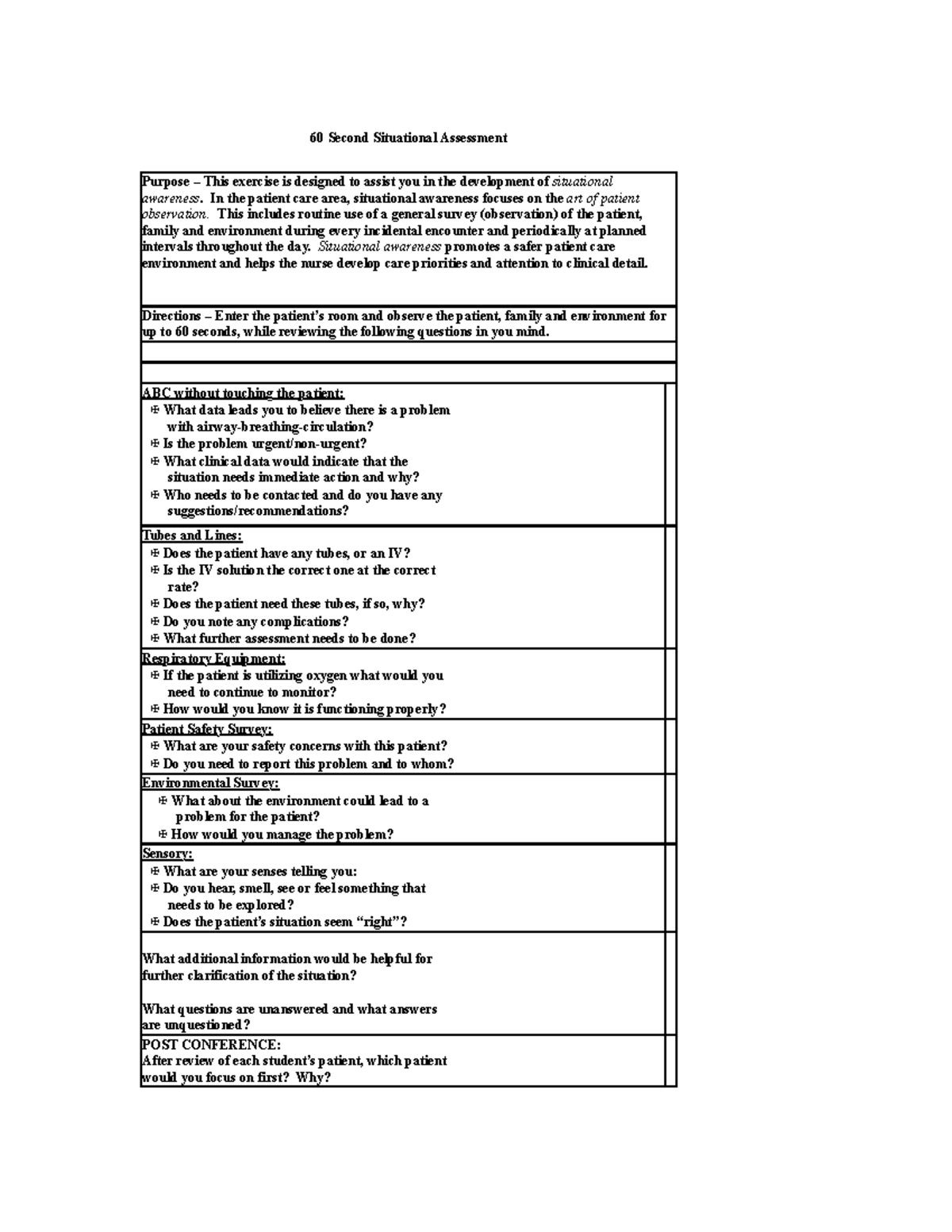 60 Second Situational Assessment 60 Second Situational Assessment 