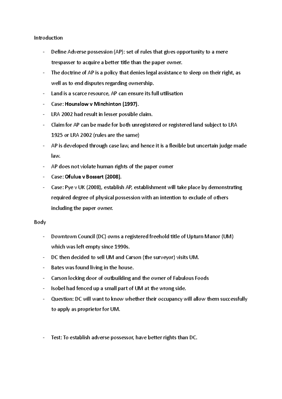 Adverse Possession Land Law Problem question outline Introduction