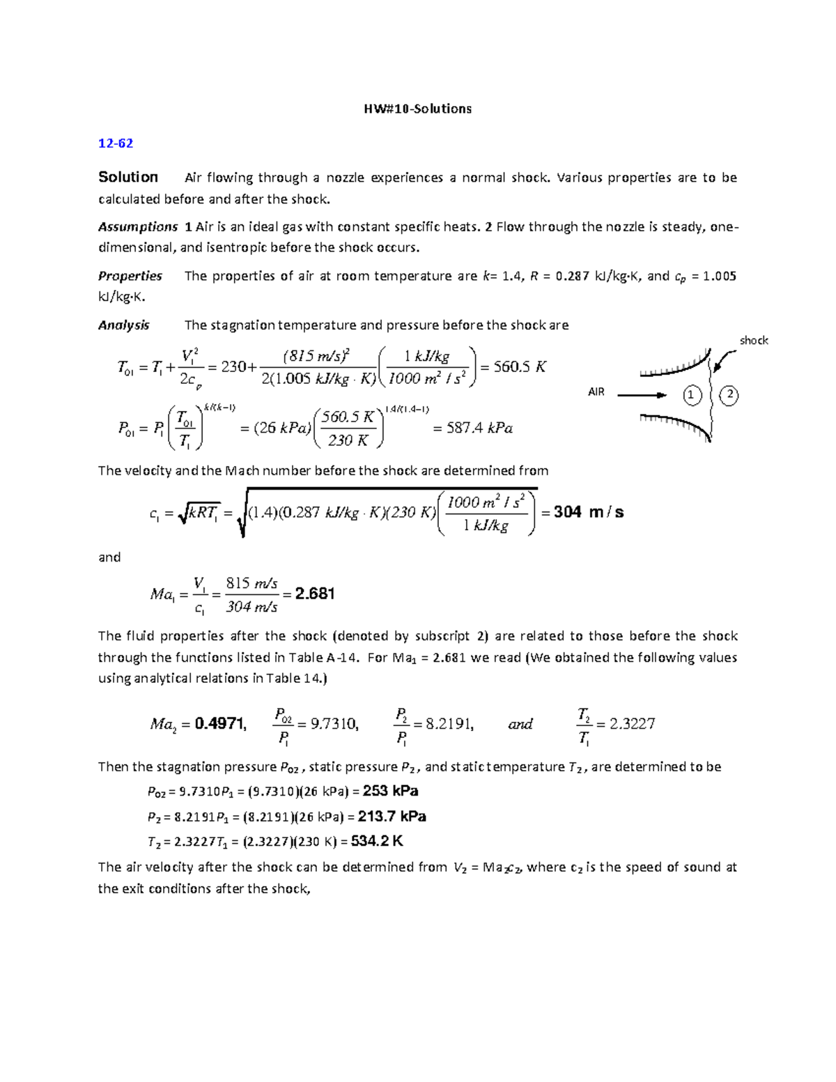 HW10 S20 Solutions - HW Solns - Shock Wave AIR 1 2 HW#10-Solutions 12 ...