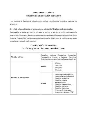 Modelos teóricos, básicos y organizativos de Orientación Educativa - FORO  ORIENTACIÓN # 2 MODELOS - Studocu