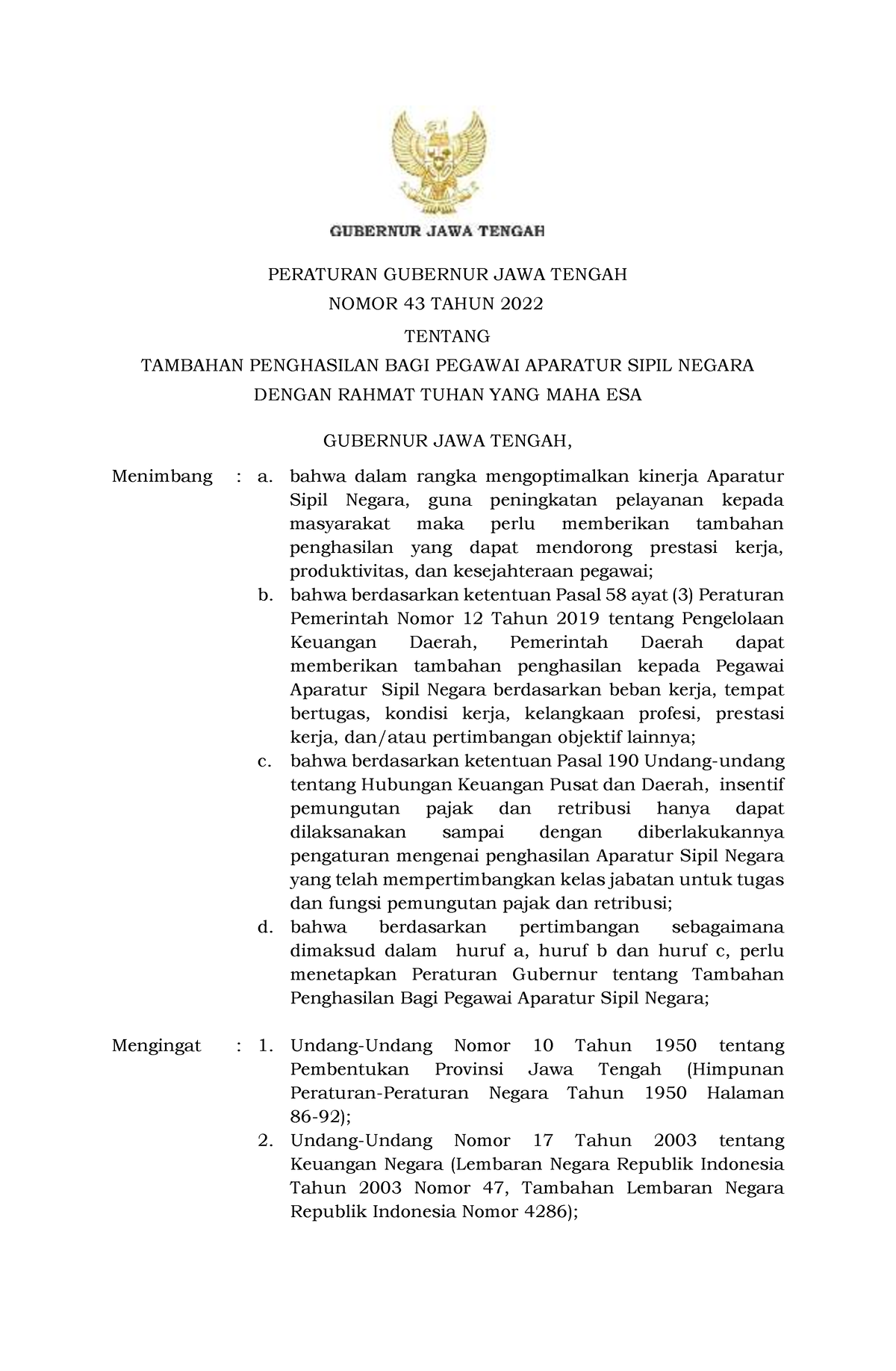 Pergub 43 Th 2022 - PERATURAN GUBERNUR JAWA TENGAH NOMOR 43 TAHUN 2022 ...