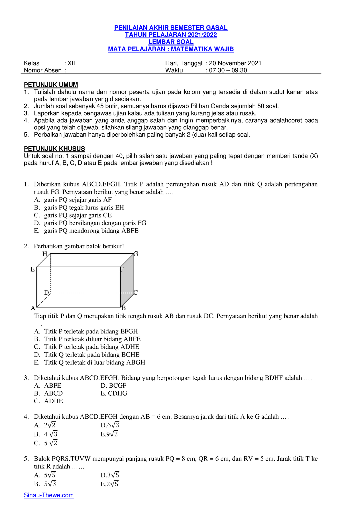 Soal PAS Semester 1 Kelas 12 Matematika Wajib Tahun 2021 Sinau-Thewe ...