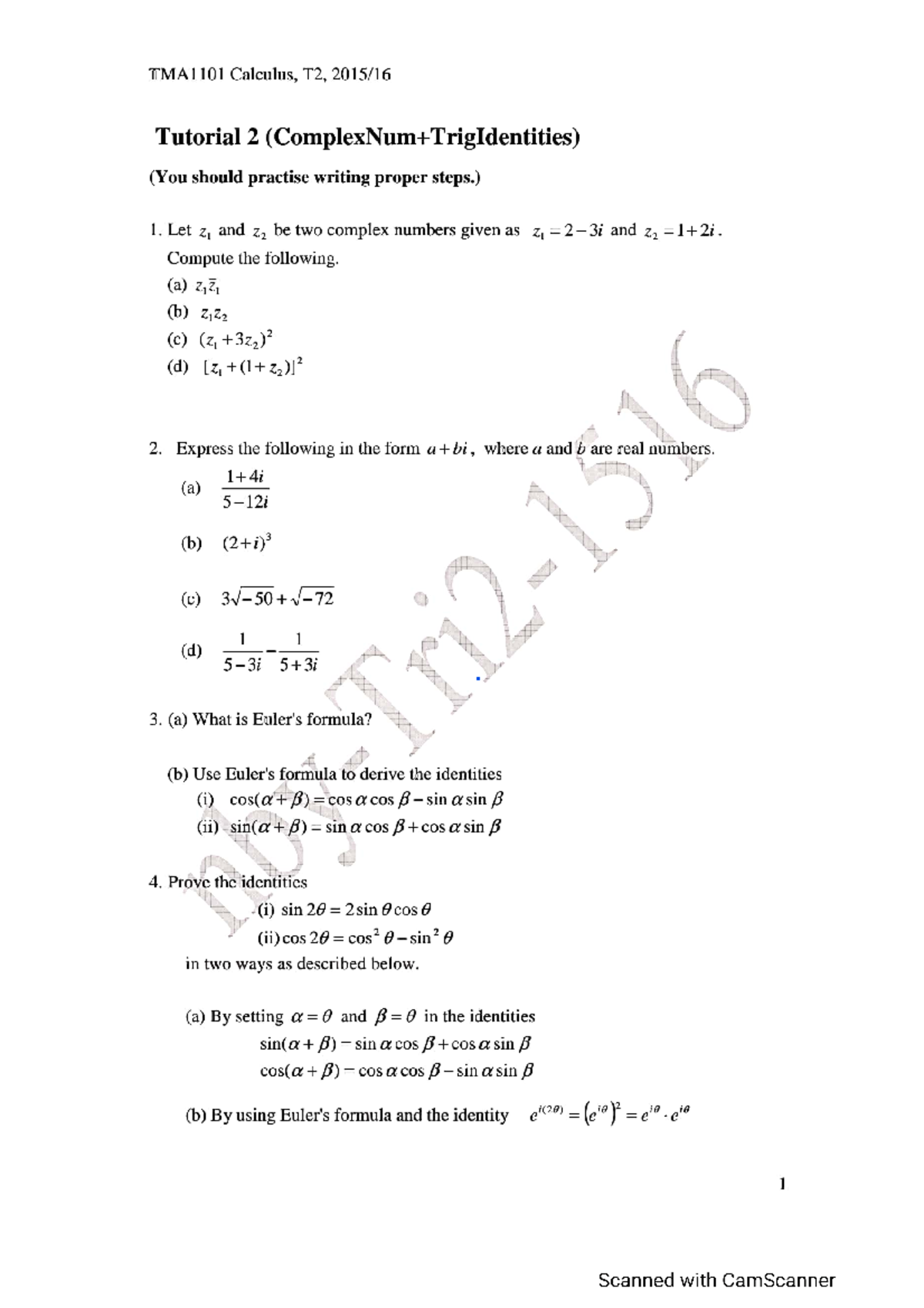TMA1101 Tutorial 02 Complex Num+Trig Identities Calculus Studocu