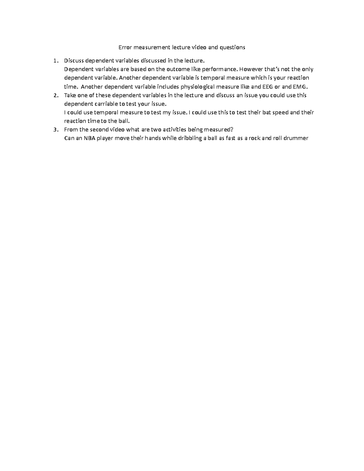 Error measurement lecture video and questions - Dependent variables are ...