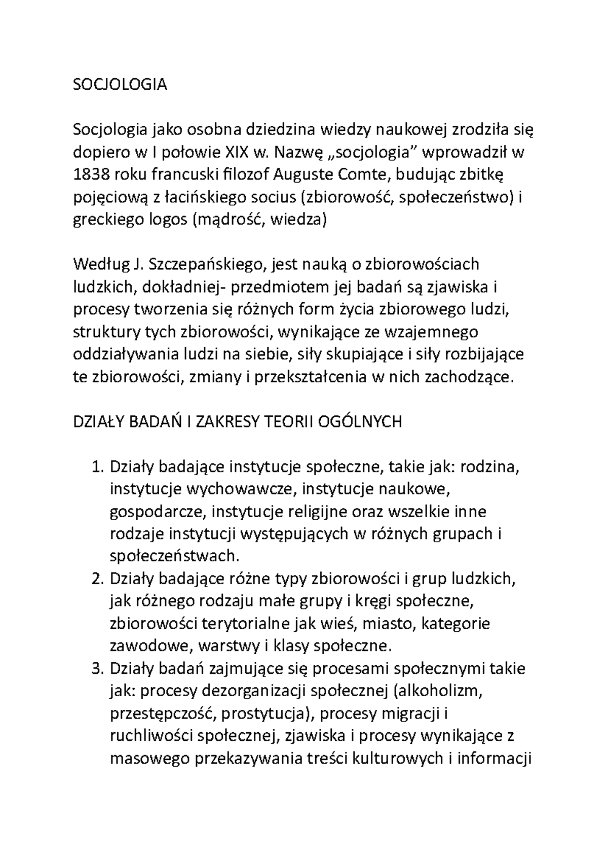 9. Socjologia - Notatki Z Wykładu 9 - SOCJOLOGIA Socjologia Jako Osobna ...