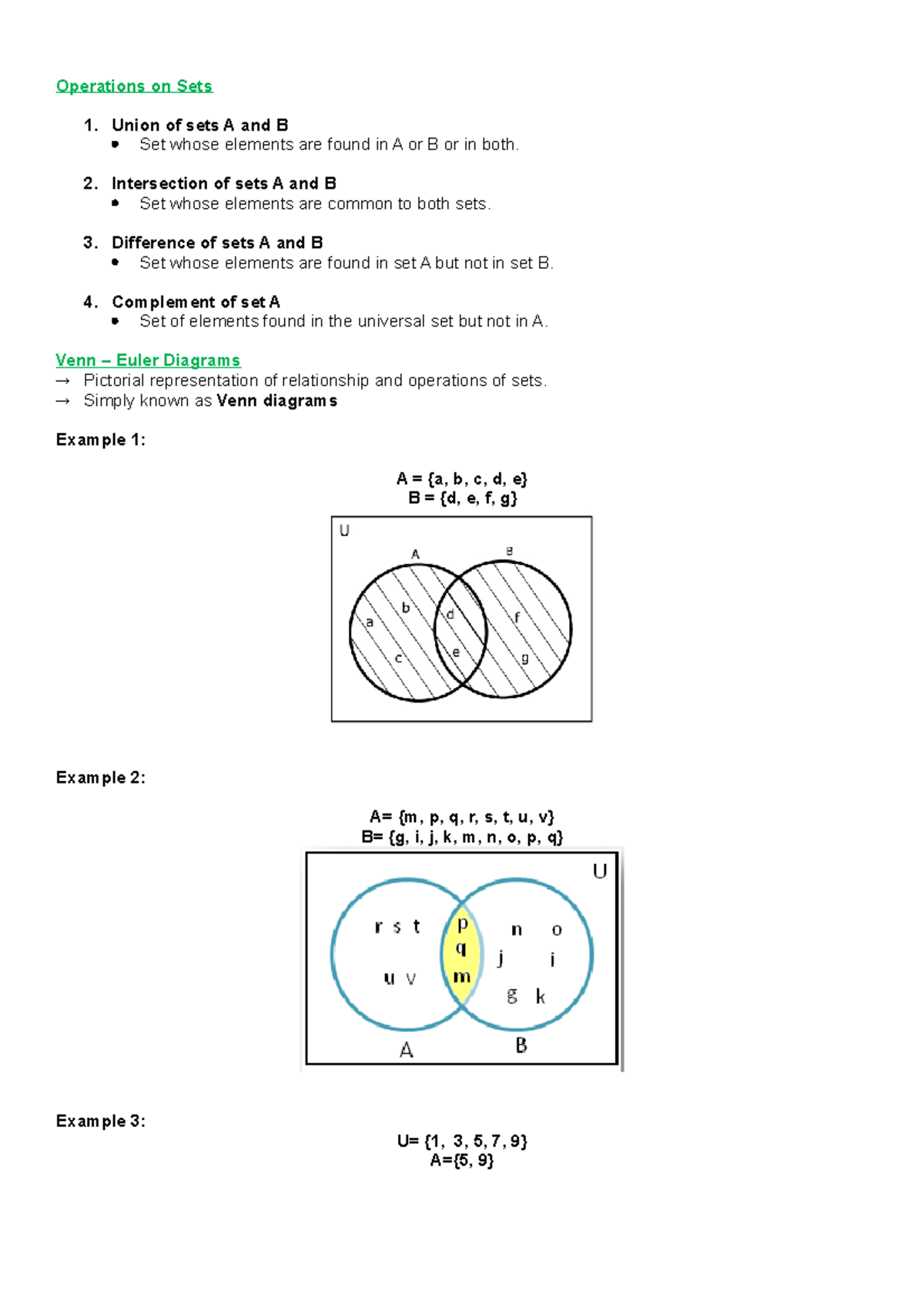 Operations on set - Operations on Sets Union of sets A and B Set whose ...