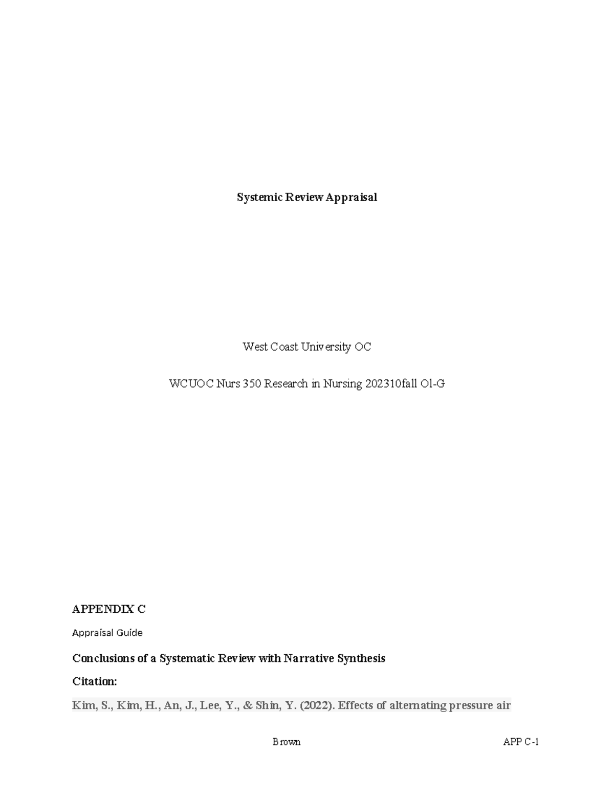 Systematic Review Appraisal - Systemic Review Appraisal West Coast ...