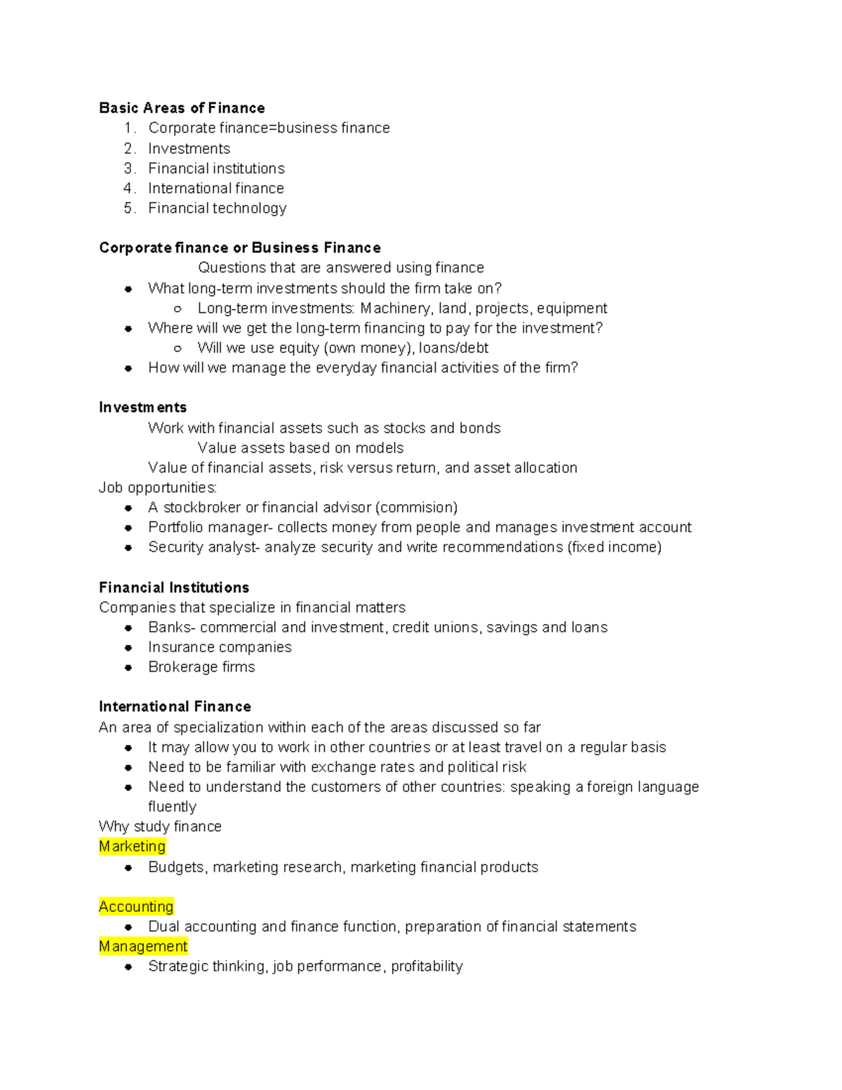 FIN 3200 Part 2 - FIN 3200 Notes - Basic Areas of Finance 1. Corporate ...