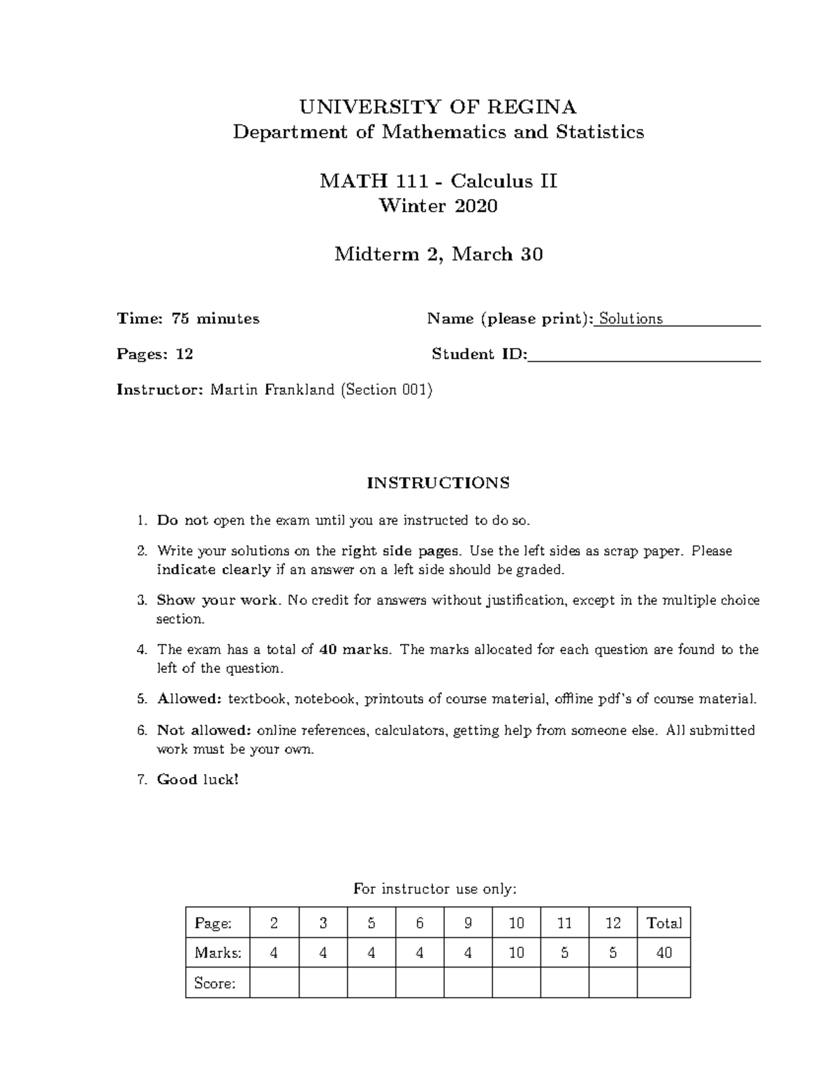 Math 111 W2020 Midterm 2 2 Sol University Of Regina Department Of Mathematics And Statistics Math 111 W2020 Midterm 2 2 Sol University Of Regina Department Of Mathematics And Statistics