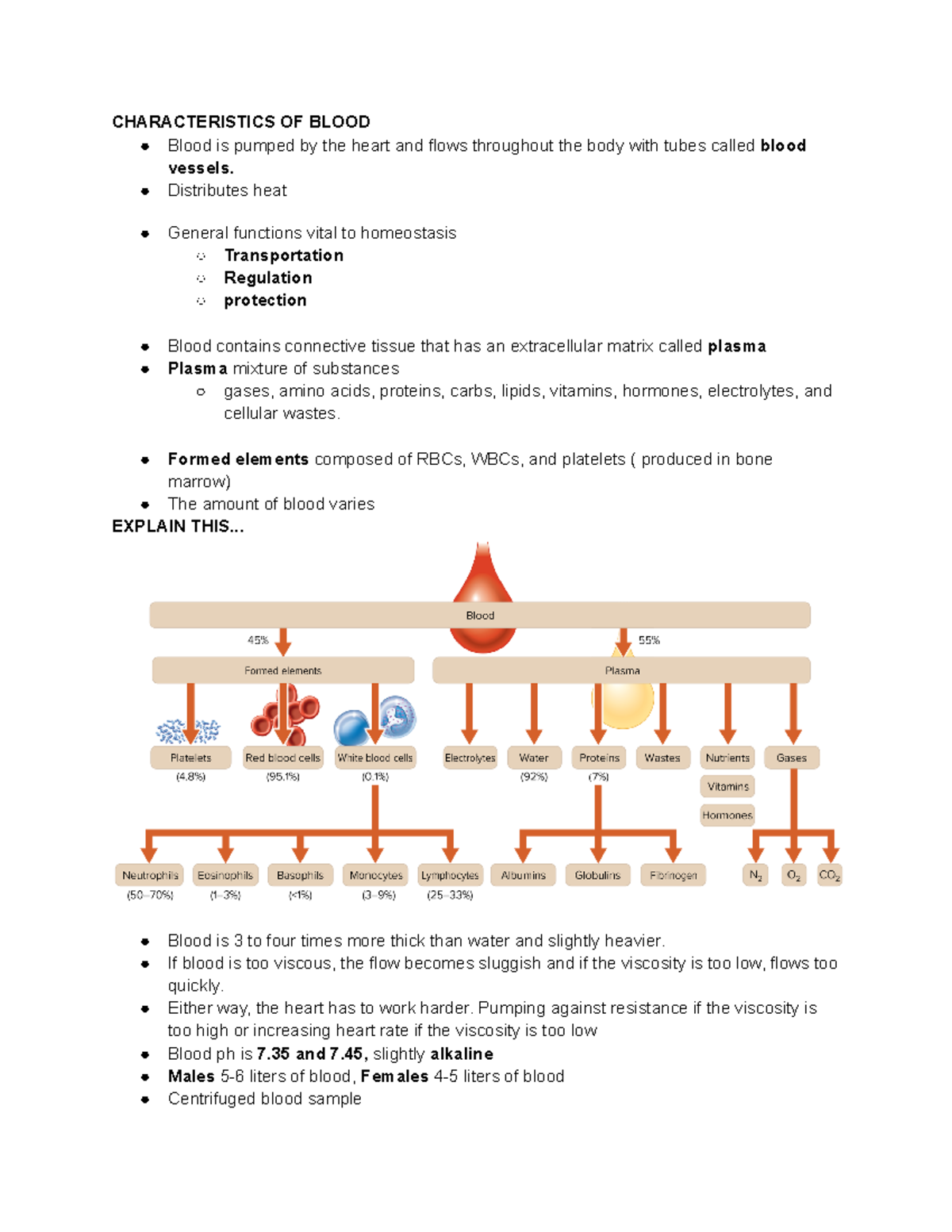 Blood Notes CHARACTERISTICS OF BLOOD Blood is pumped by the heart and