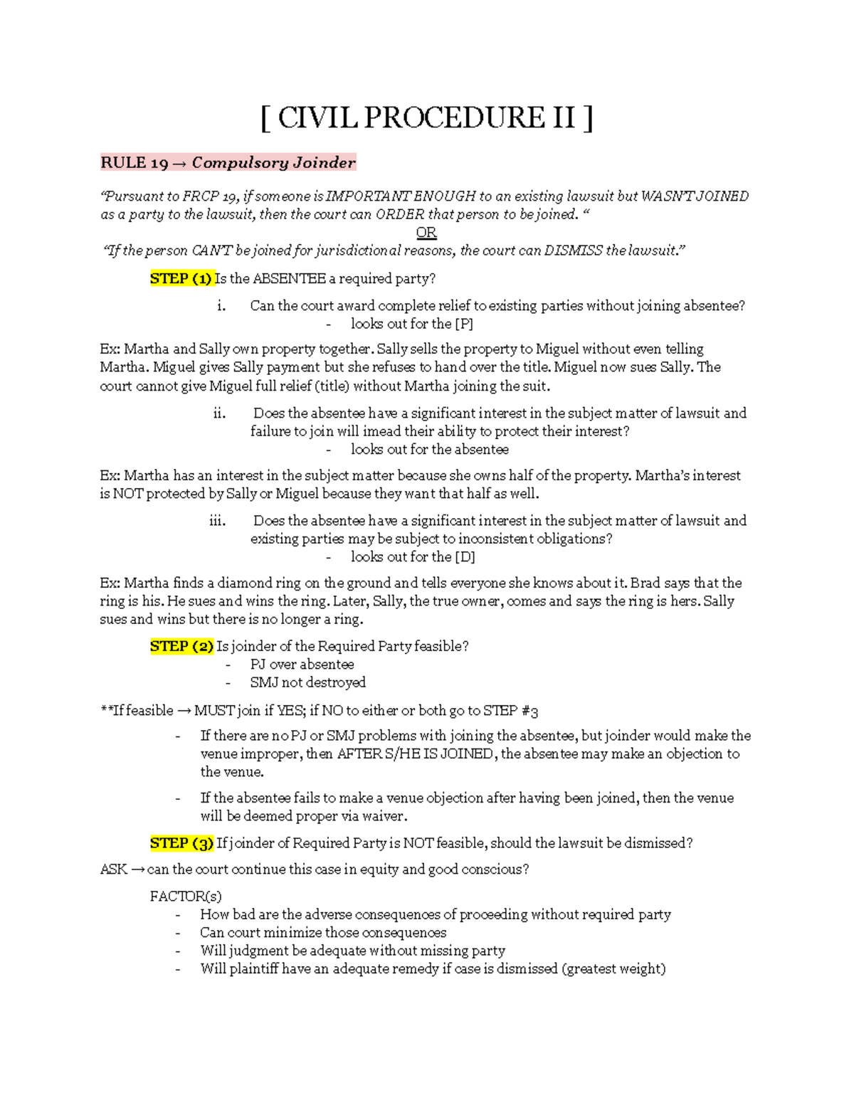 Civil Procedure Ii Outline From Course Civil Procedure Ii Rule