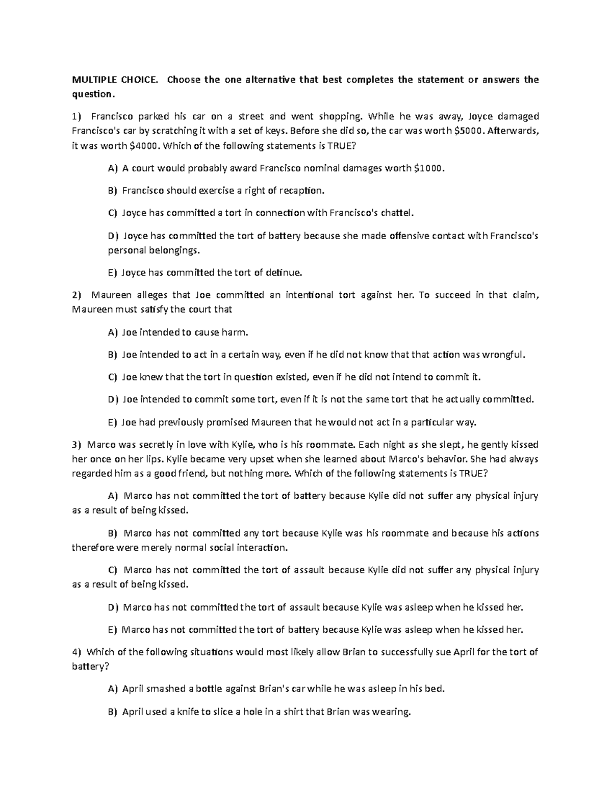 LAW122 - Torts Review Practice Questions - MULTIPLE CHOICE. Choose The ...