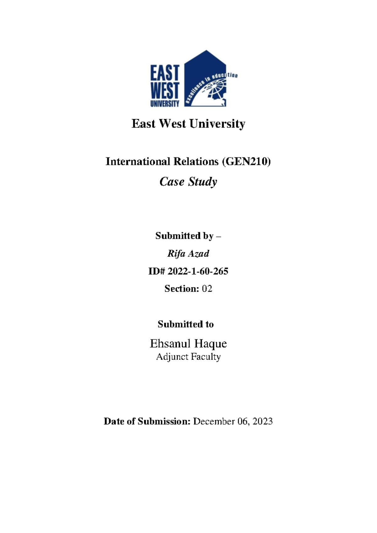 IR Case Study - helpful - East West University International Relations ...