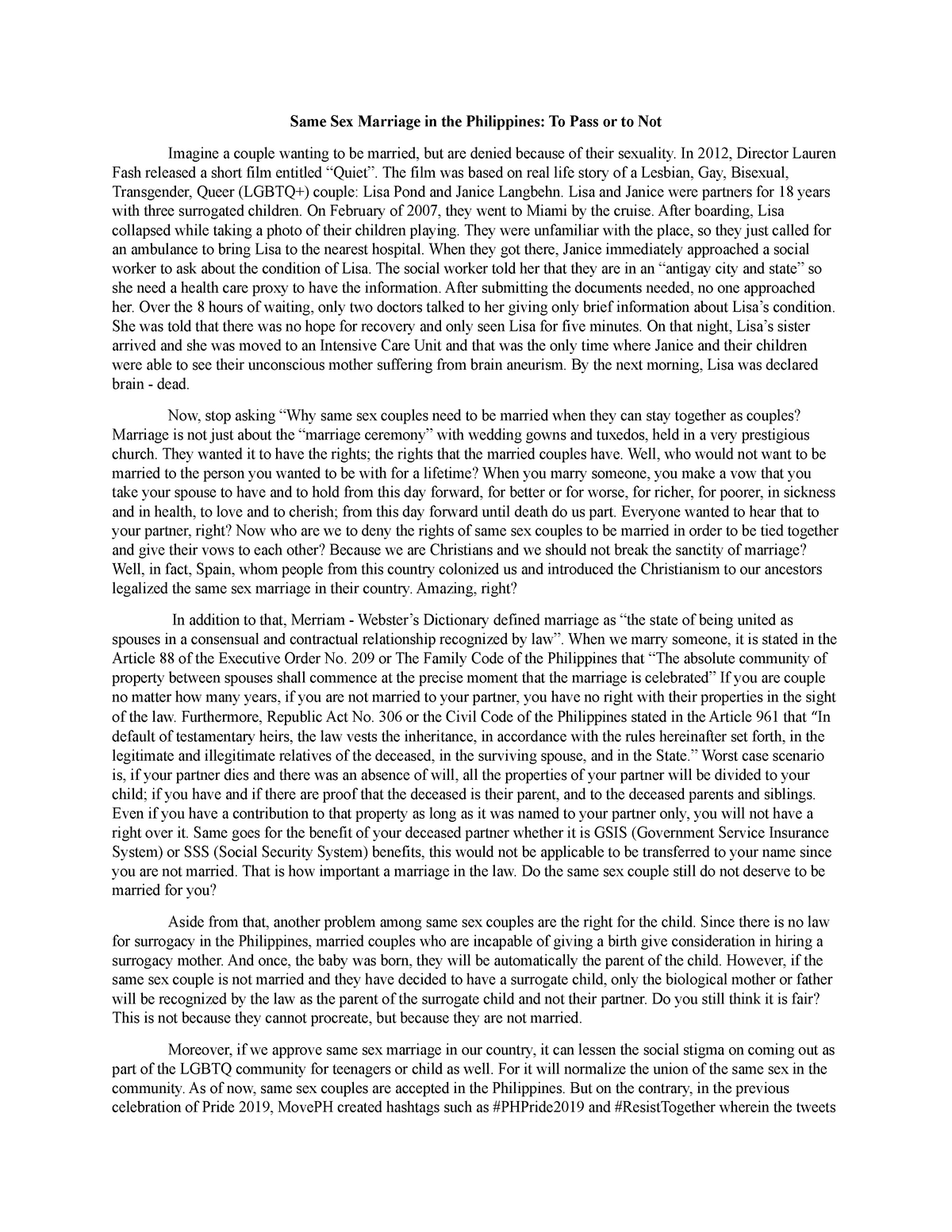 same sex marriage in the philippines thesis statement