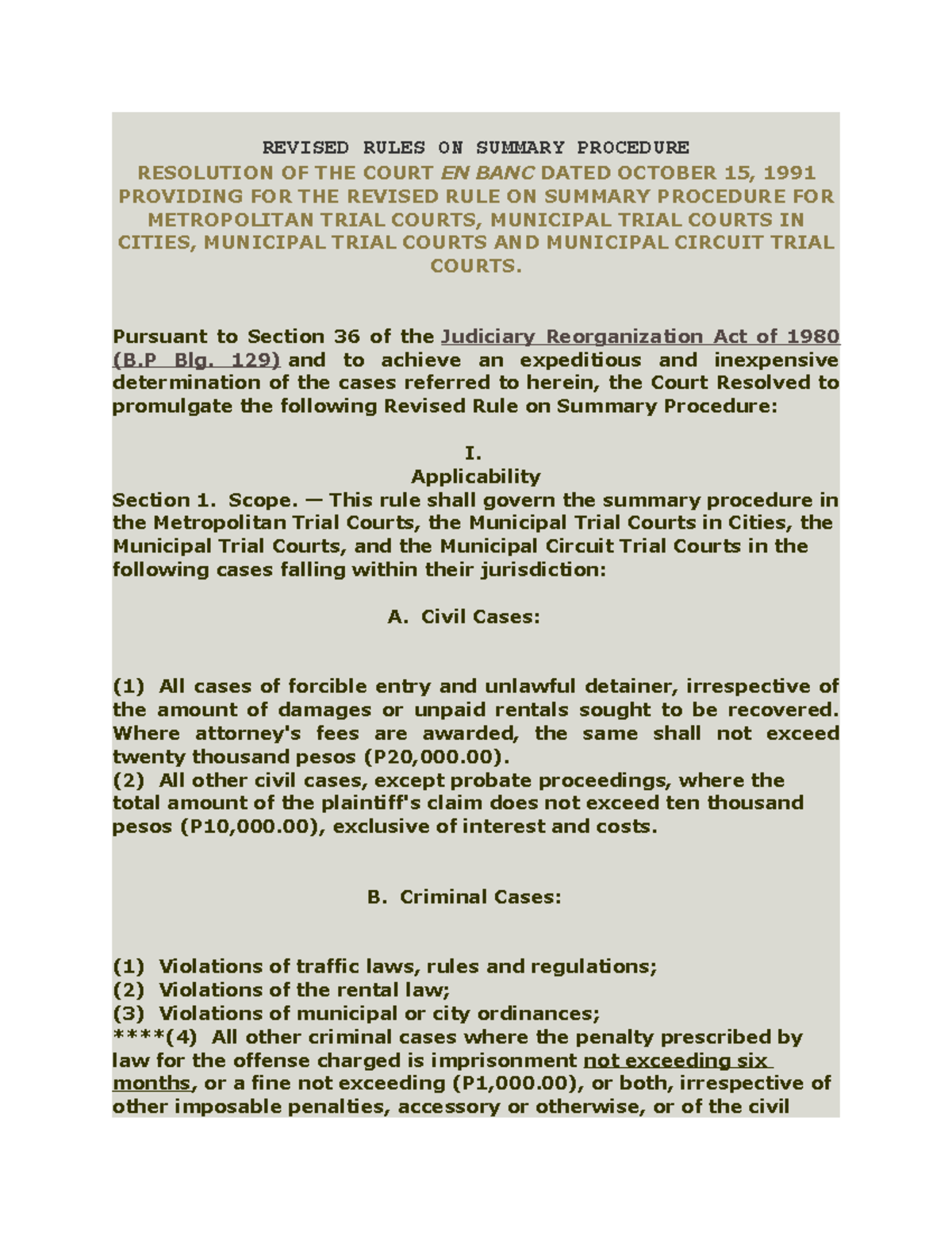 Revised Rules ON Summary Procedure REVISED RULES ON SUMMARY PROCEDURE