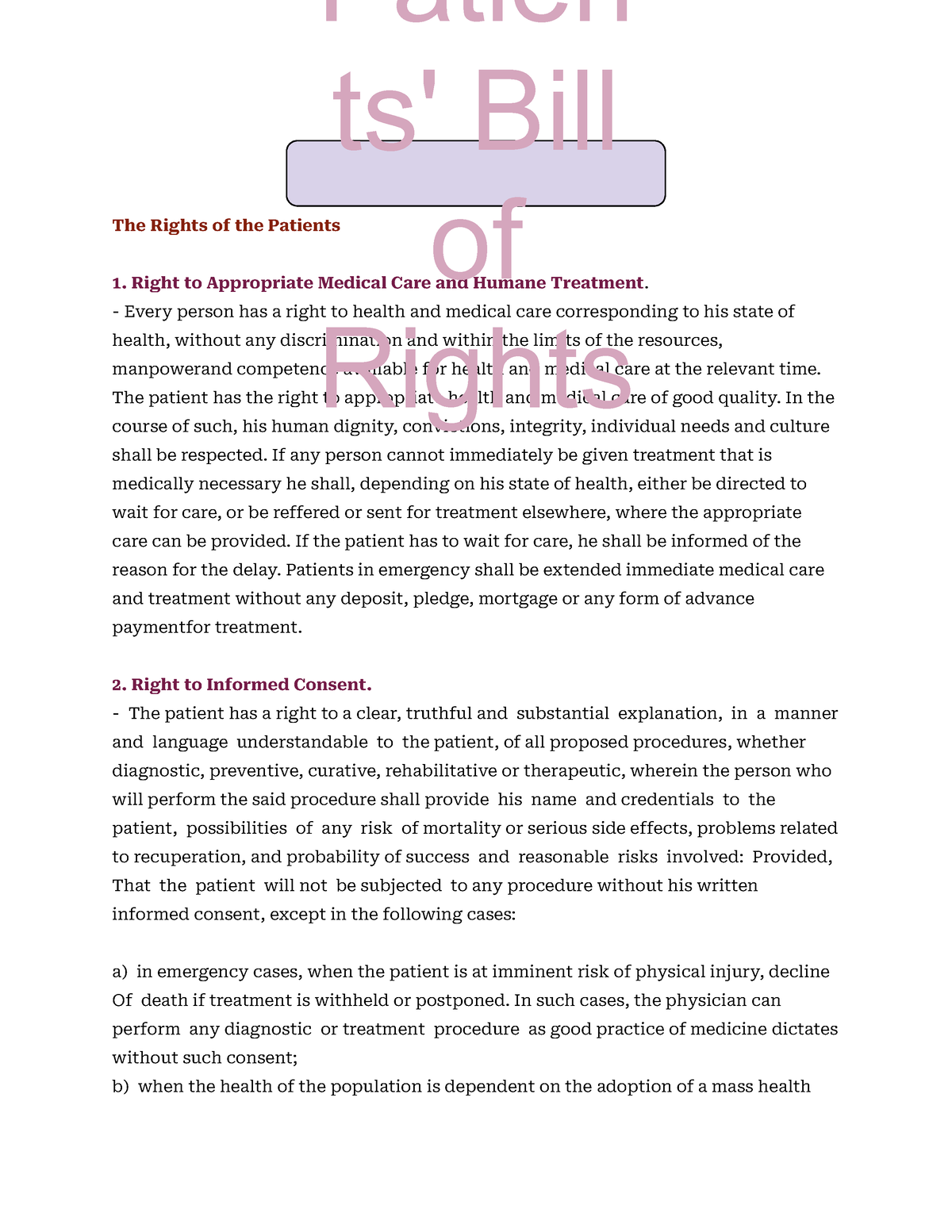 Patients Bill Of Rights The Rights Of The Patients Right To Appropriate Medical Care And