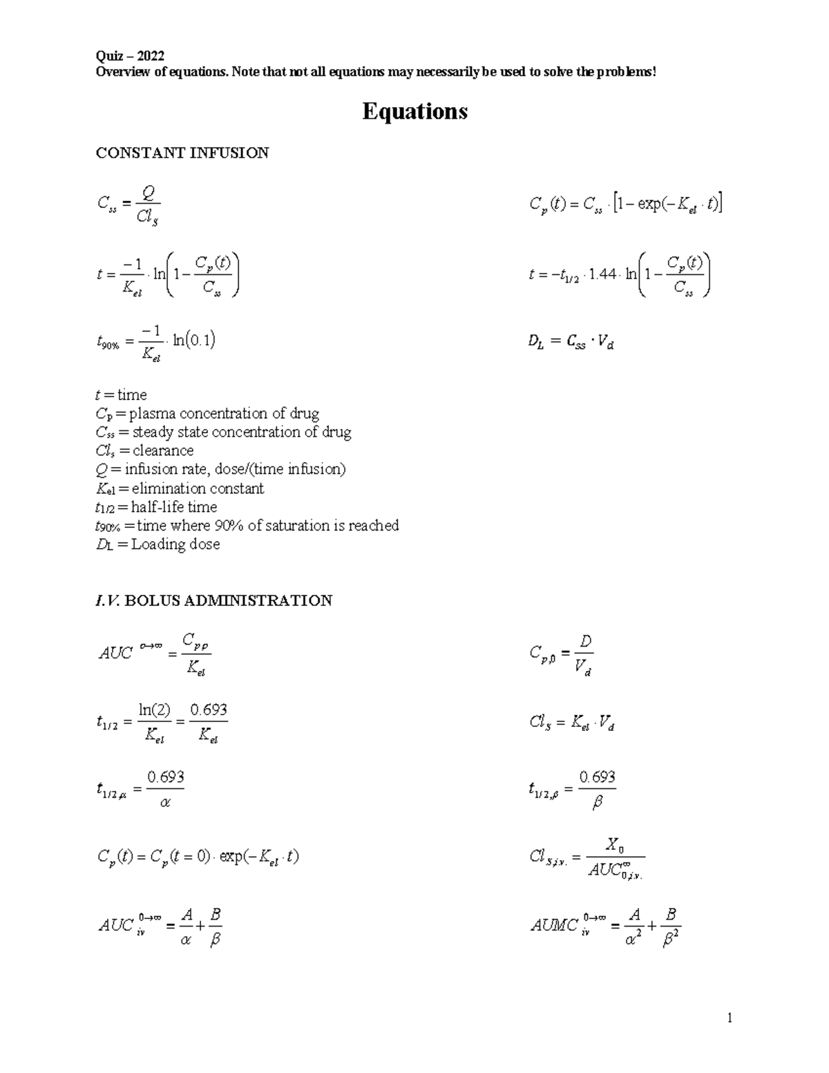 Equations quiz 2022 - questions - Overview of equations. Note that not ...