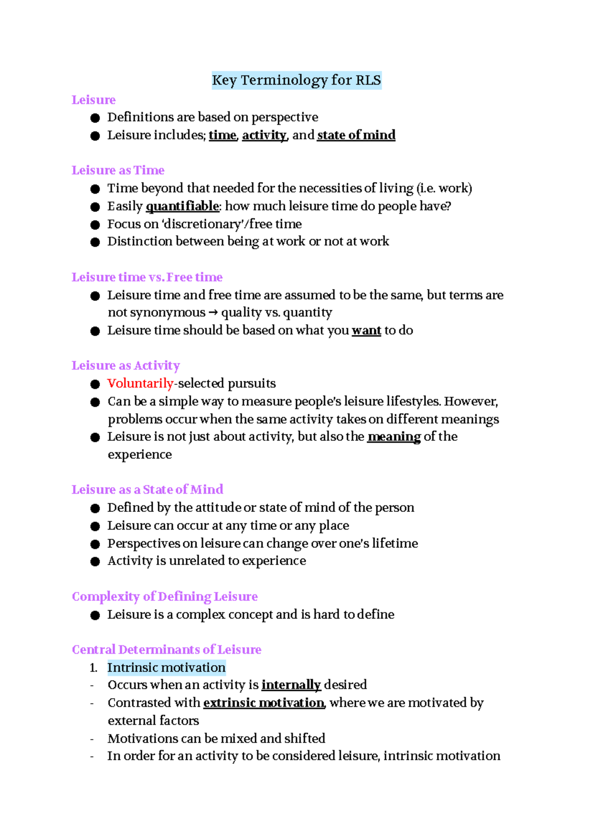 Key Terminology for RLS - Key Terminology for RLS Leisure Definitions ...