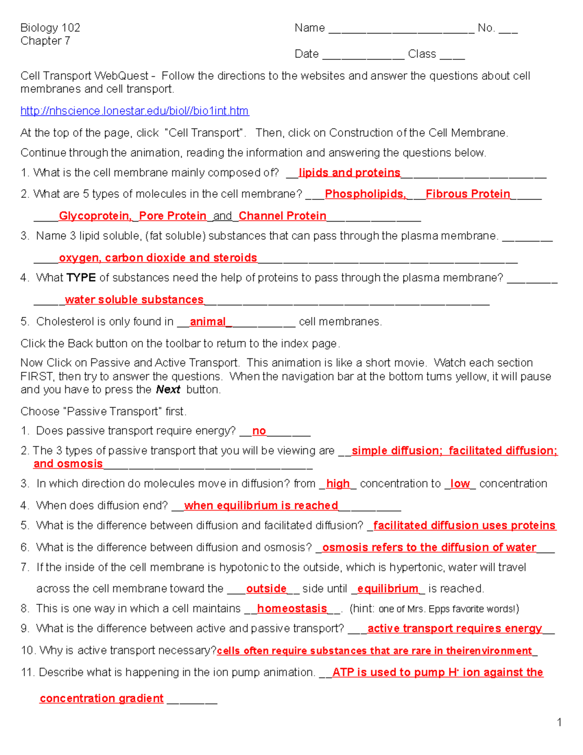 Cell transport cell membrane key 1 Biology 102 Name