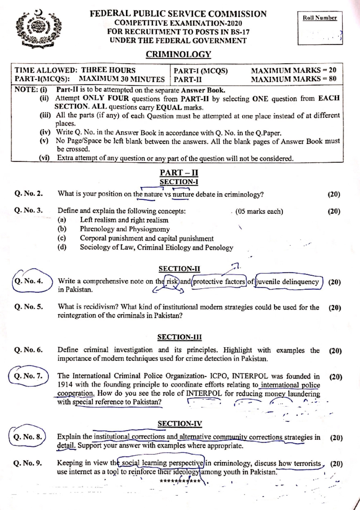 Criminology CSS 2016 2020 - TIME ALLOWED: THREE HOURS PART-I(MCQS ...