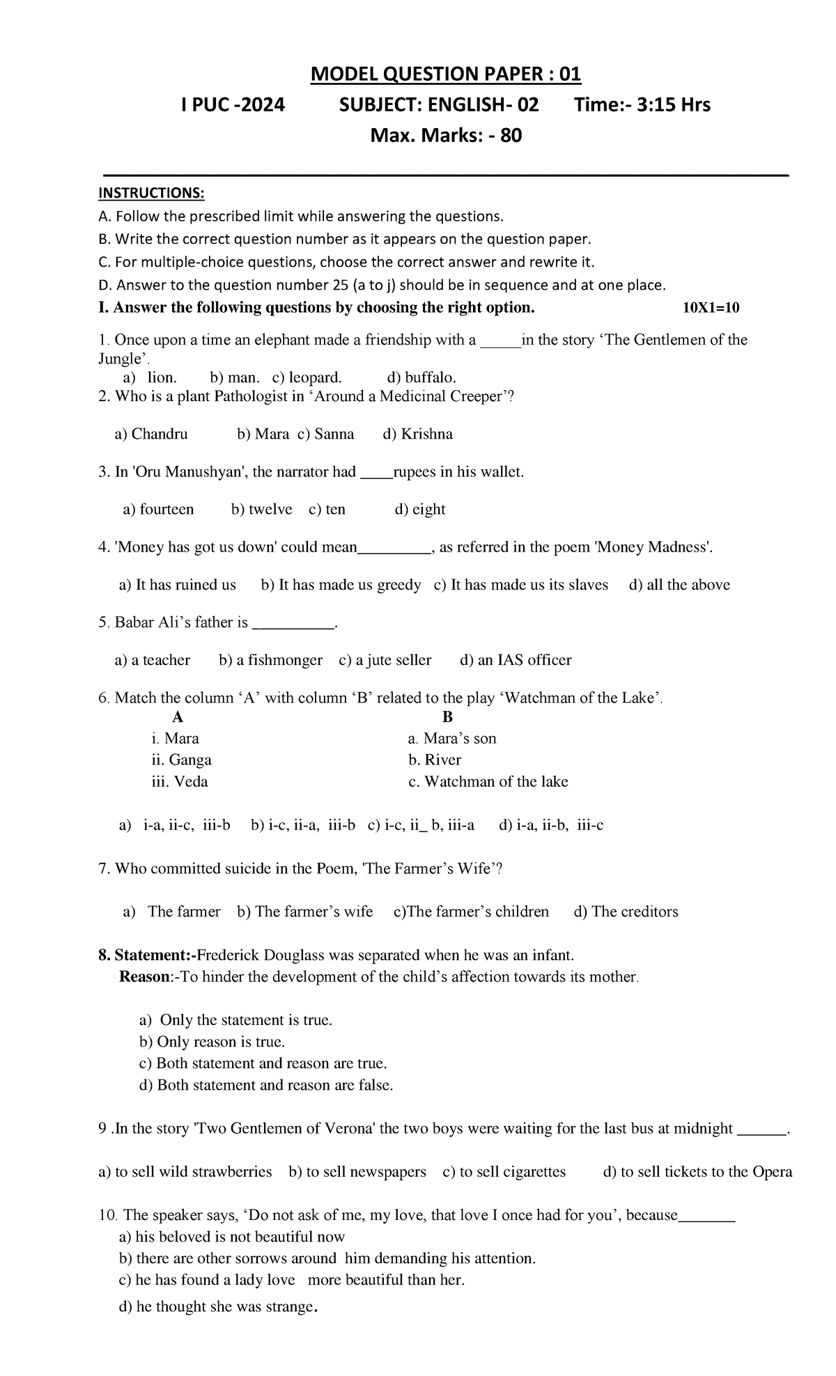 02. English Model QP I PUC 2023-24 - MODEL QUESTION PAPER : 01 I PUC ...