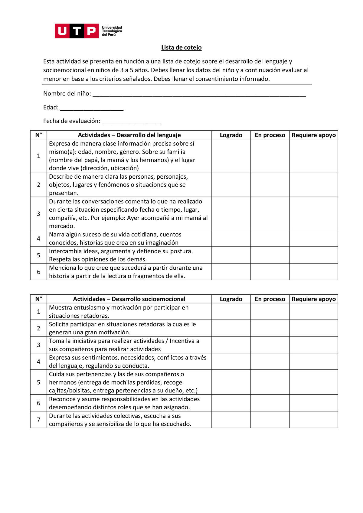 S13s2 Lista De Cotejo Lenguaje Y Socioemocional 3 A 5 Años Lista De Cotejo Esta