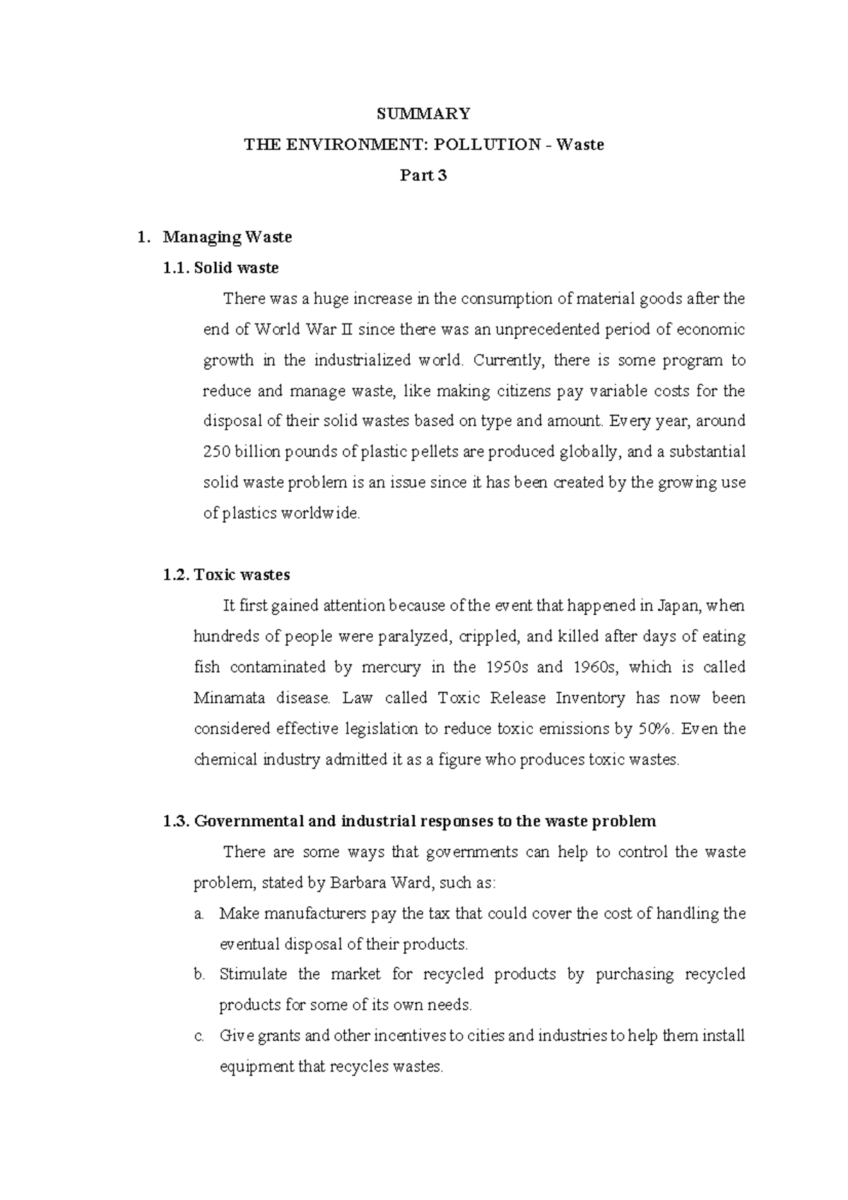 Global Issues - Environment Pollution Waste Summary 3 - SUMMARY THE ...