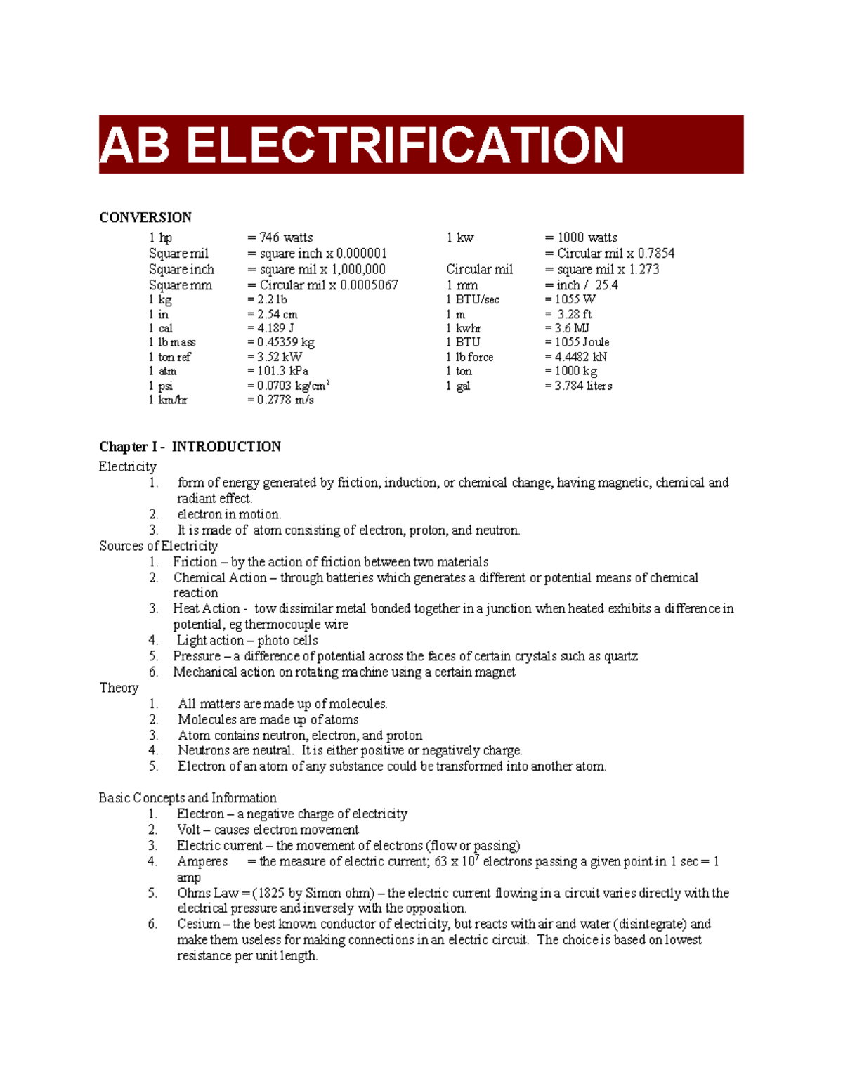 Chapter 1 - Electrification - AB ELECTRIFICATION CONVERSION 1 hp = 746 ...