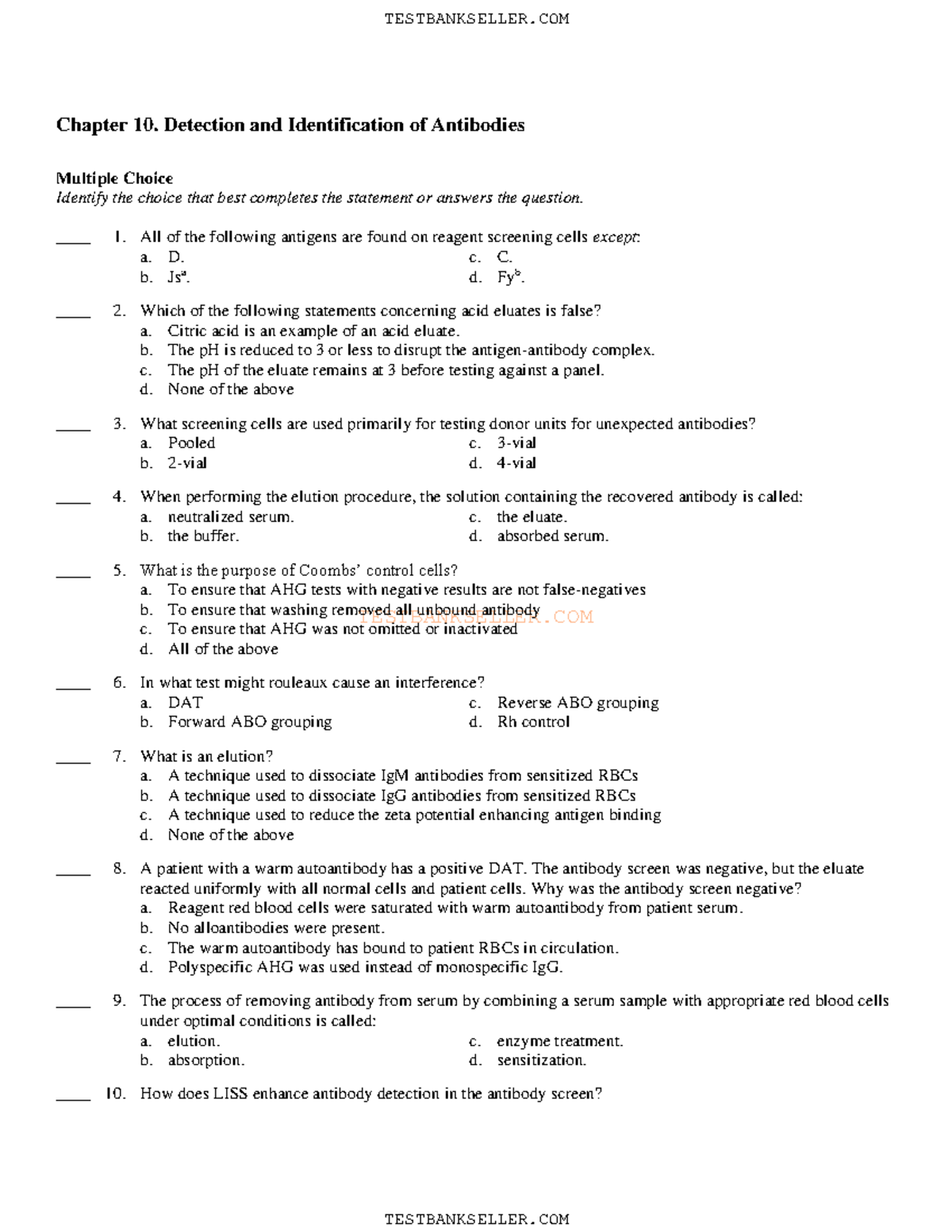 Ch10 - Blood Bank Test - T E S T B A N K S E L L E R. C O M Chapter 10 ...