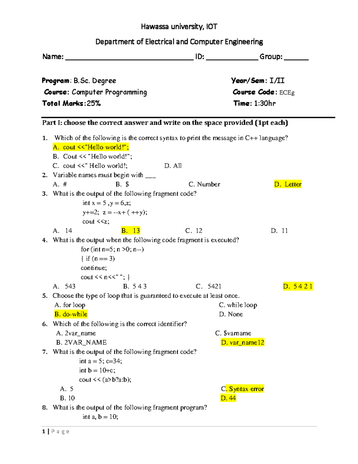 Computer Programming Test 2016 - Department of Electrical and Computer ...