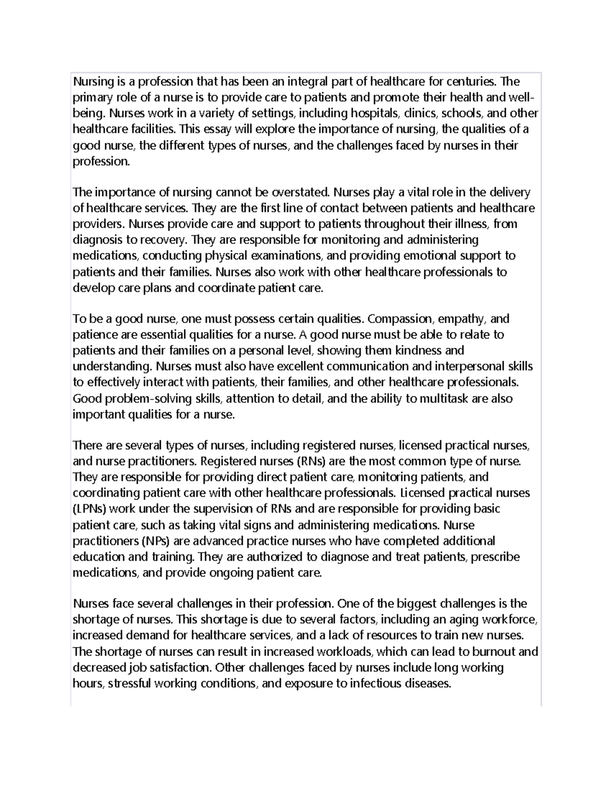 Doc1 - in class work - Nursing is a profession that has been an ...