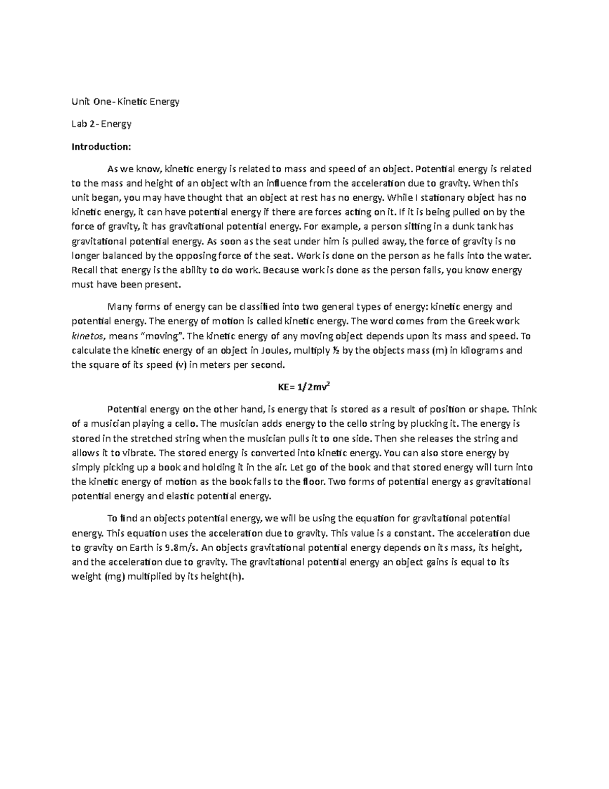 lab docx 2 No need. Unit One Energy Lab 2 Energy