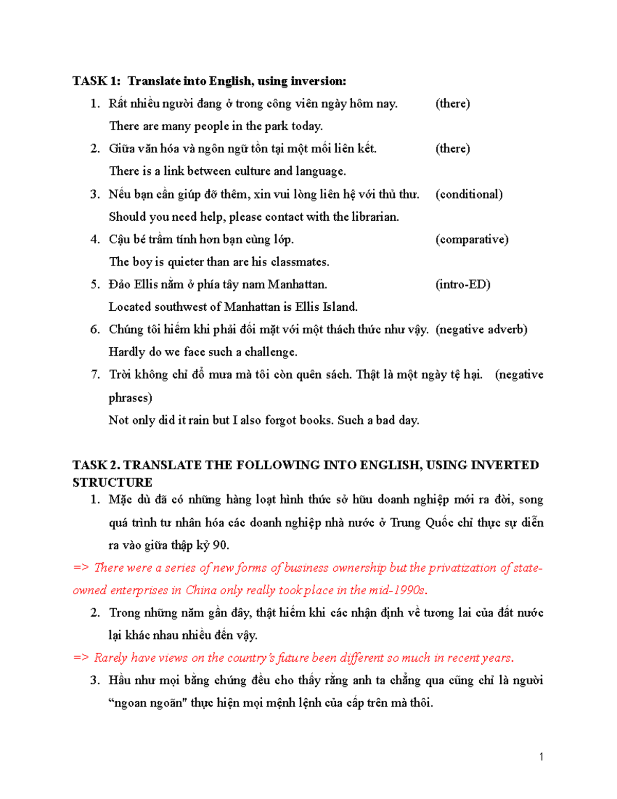 Inversion practice - TASK 1: Translate into English, using inversion: 1 ...