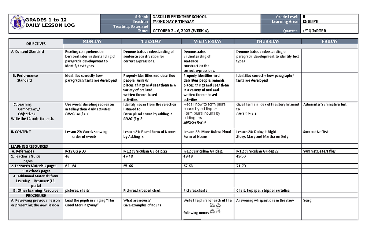 DLL English 2 Q1 W6 - HKL - GRADES 1 to 12 DAILY LESSON LOG School ...