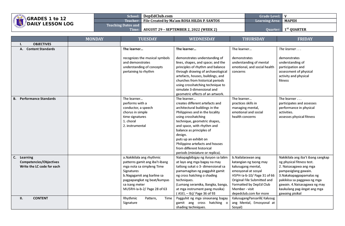 DLL Mapeh 5 Q1 W2 - LETS LEARN TOGETHER - GRADES 1 To 12 DAILY LESSON ...