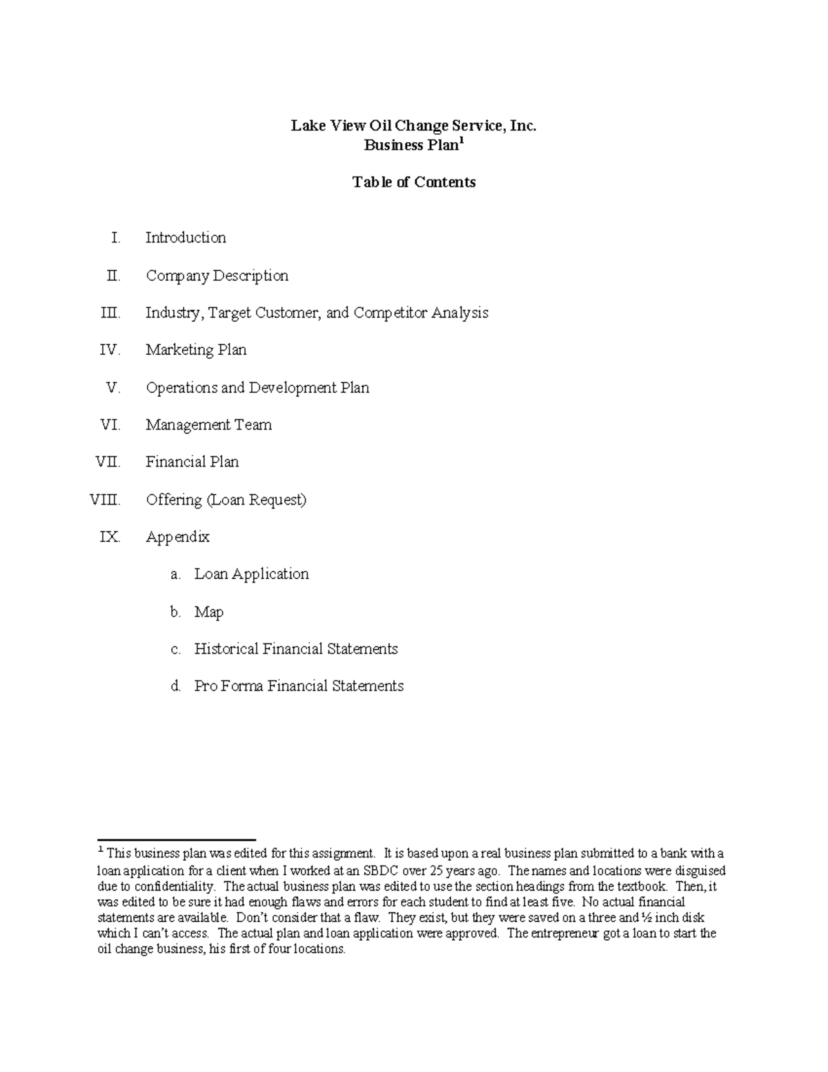 4186 Business Plan Evaluation Assignment Lake View Oil Change - Lake View Oil Change Service ...