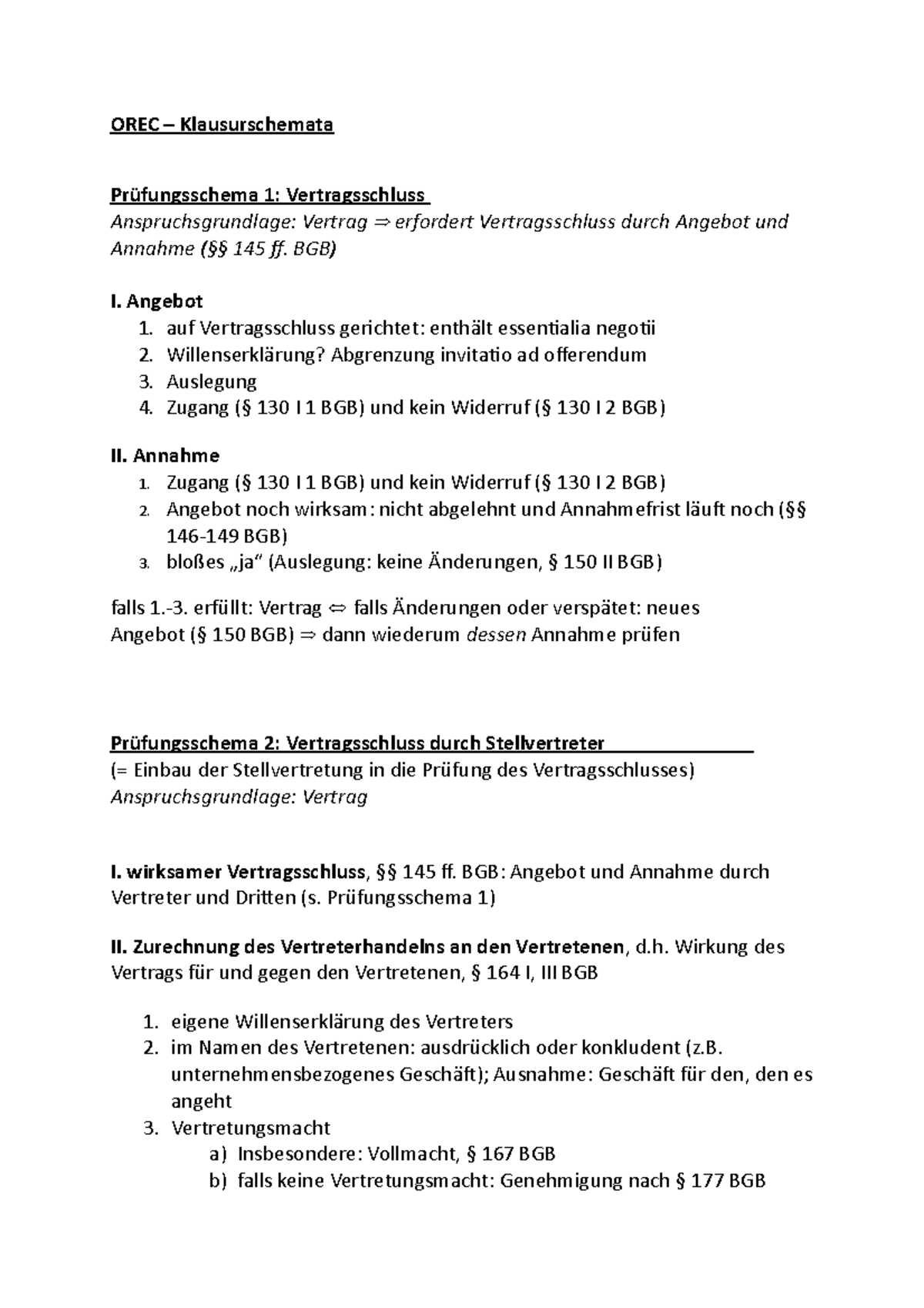Zivilrecht Schemata - OREC – Klausurschemata Prüfungsschema 1: Vertragsschluss ...