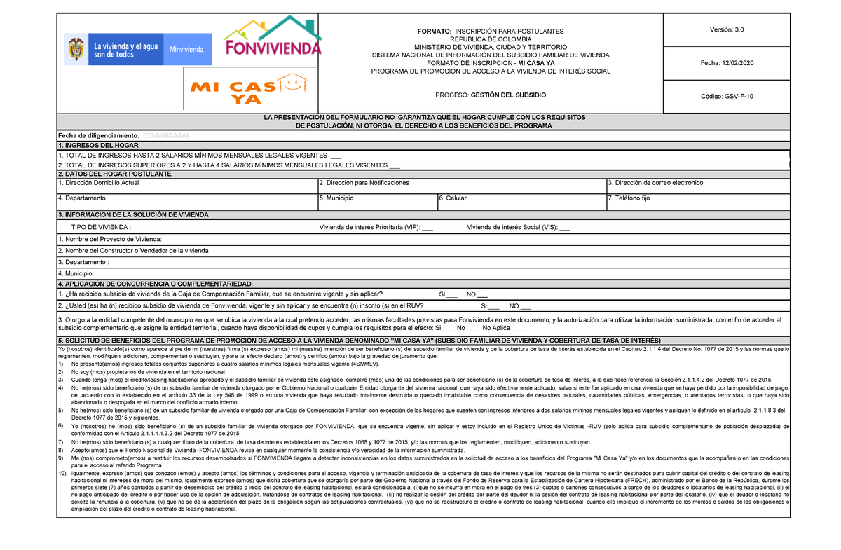 Formulario De Inscripci N Al Programa Mi Casa Ya Total De Ingresos Hasta Salarios