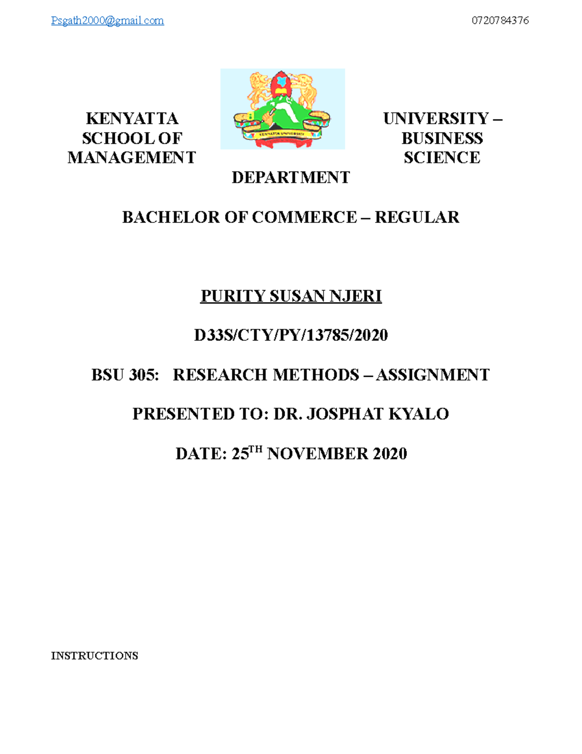 BSU 305 Reg Assign Sept 2022 - KENYATTA UNIVERSITY – SCHOOL OF BUSINESS ...